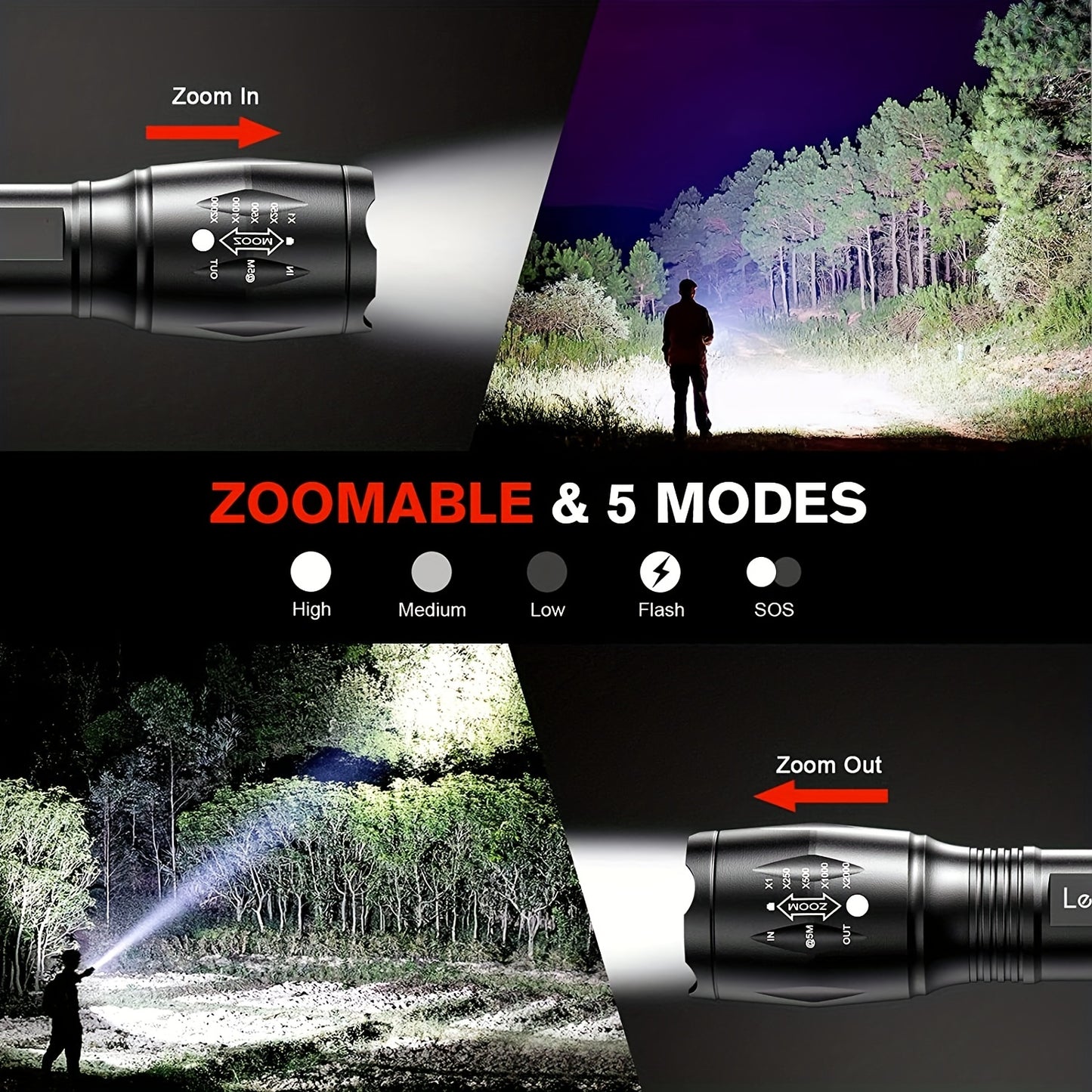 2000LM Waterproof Flashlight Built in Battery USB Charging