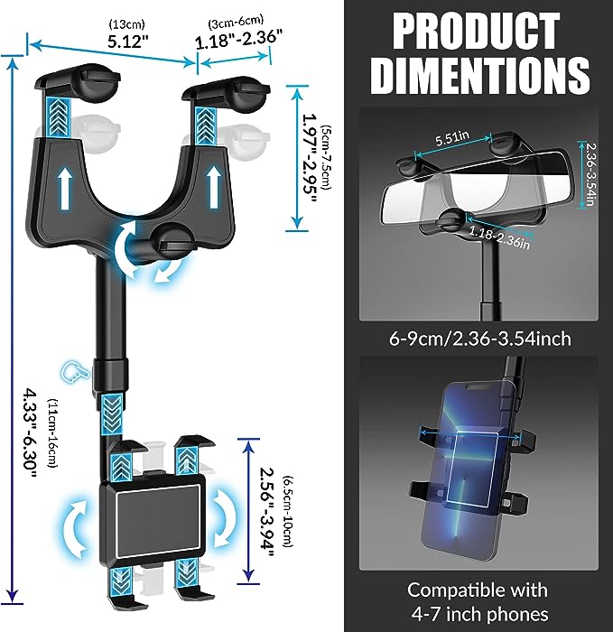 Rear View Mirror Rotatable and Retractable Car Phone Holder