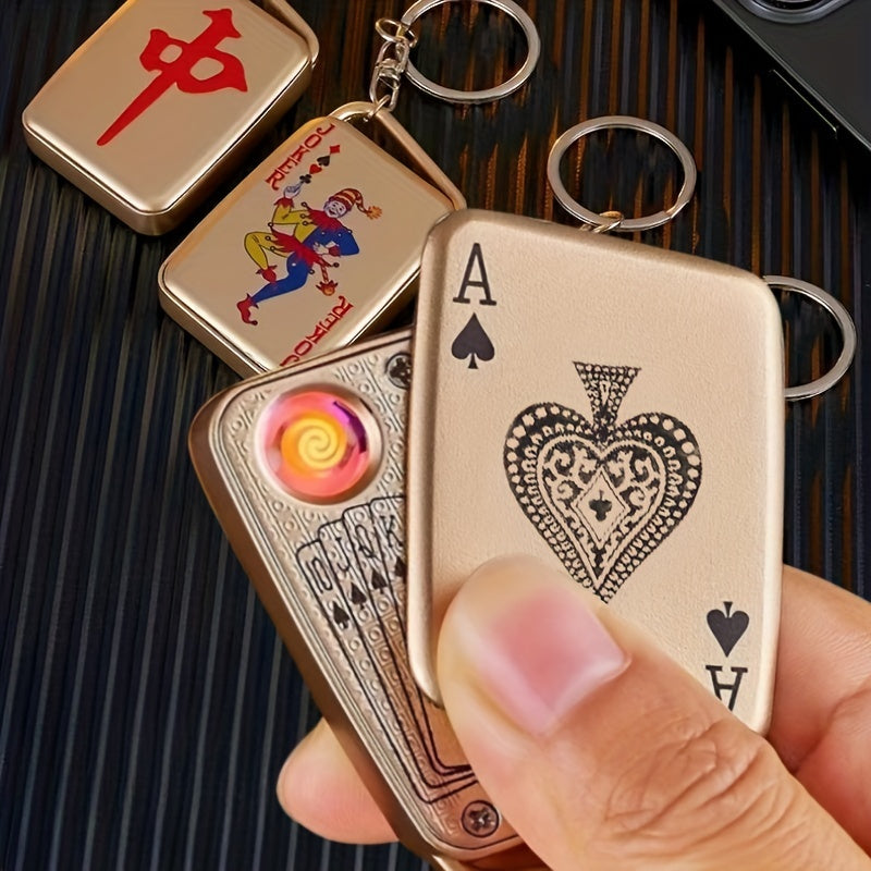 Rechargeable Flameless Lighter Windproof Keychain Playing Card Pattern