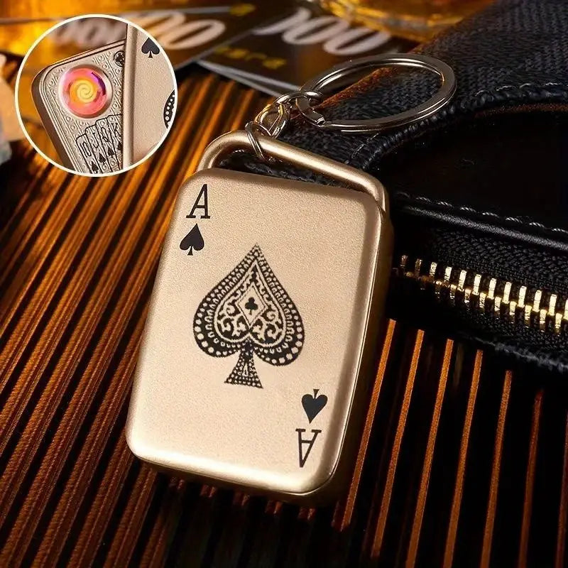 Rechargeable Flameless Lighter Windproof Keychain Playing Card Pattern